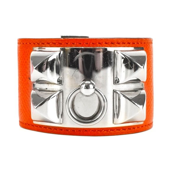 Hermès - S/PM CDC Collier De Chien in Silver/Orange Epsom Leather Cuff Full Set - Picture 1 of 16